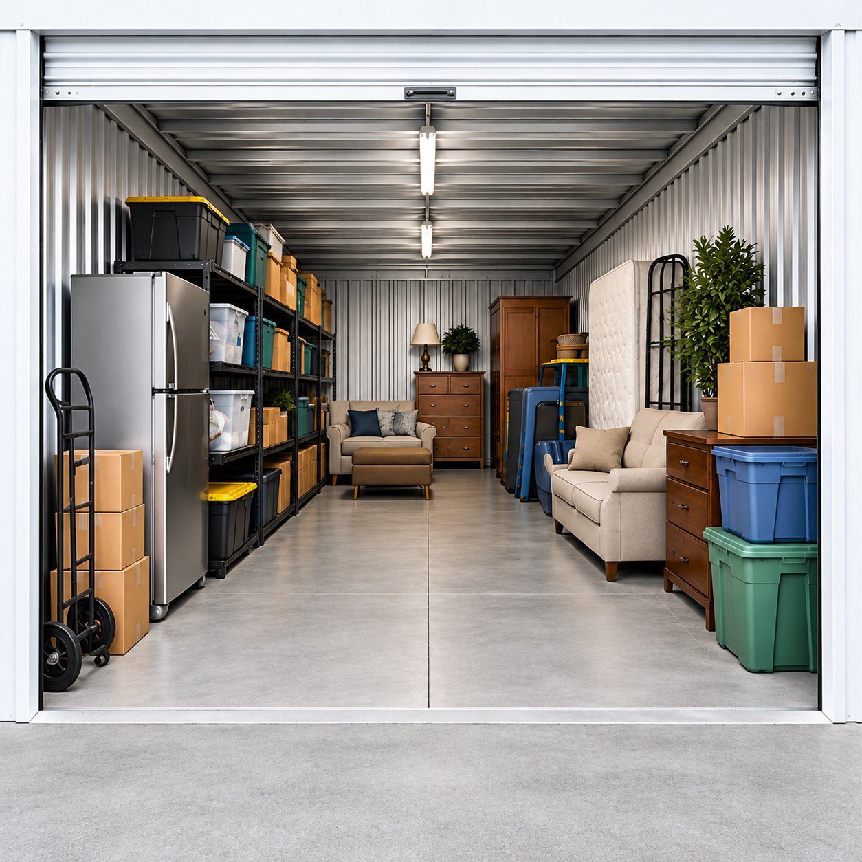 Interior of a clean storage unit filled with neatly organized furniture, boxes, and household items
